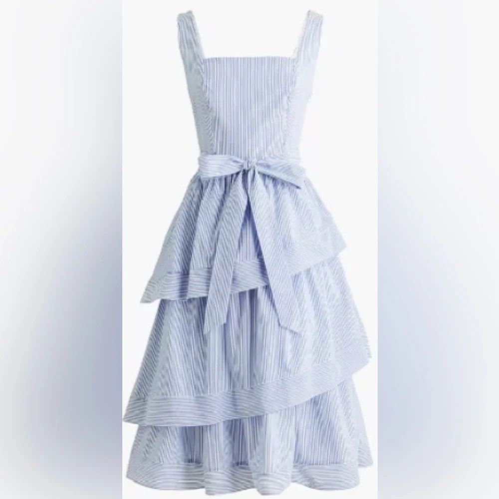 J. Crew Light Blue/White Stripe Sleeveless Belted Tiered Midi Dress - Size 8 - Picture 4 of 7